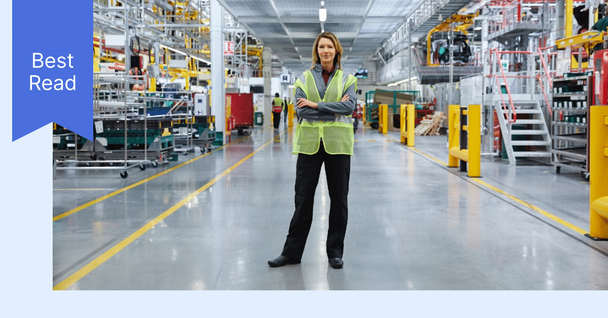 Person in high-visibility vest stands confidently in a spacious, organized factory with industrial equipment enhanced by IIoT technology in the background; a "Best Read" ribbon is on the left side.