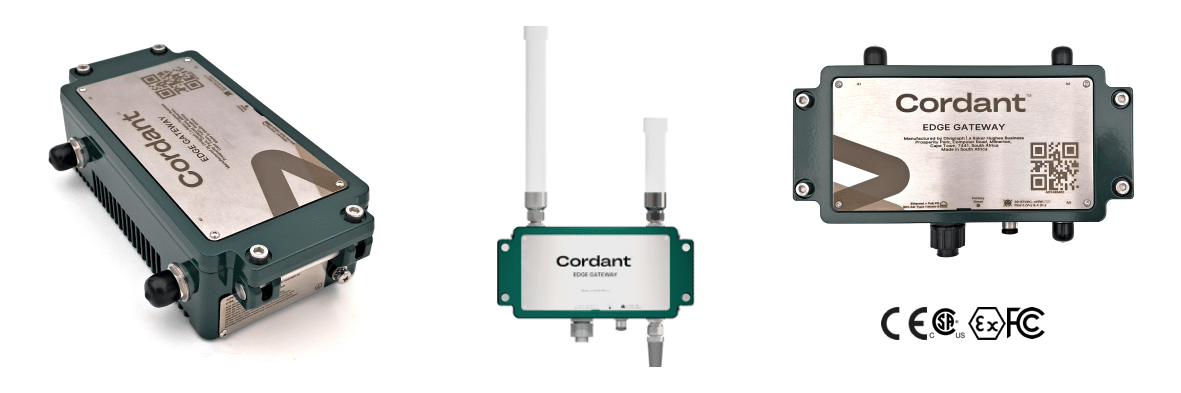 Three views of a Cordant Edge Gateway device with antennas, labeled with specifications. The image also includes CE, FCC, and Ex certification marks. Integrated seamlessly with Baker Hughes technology for optimal performance.