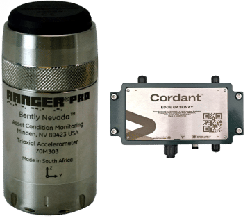 An accelerometer labeled "Ranger Pro Sensor" by Bently Nevada, a part of Baker Hughes, is shown next to a square device labeled "Cordant EDGE Gateway.