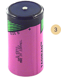 A pink and black Tadiran Size D battery with product details and "Made in Israel" printed on the side, often used in Ranger Pro Sensor devices. An orange circle with the number 3 is next to it.