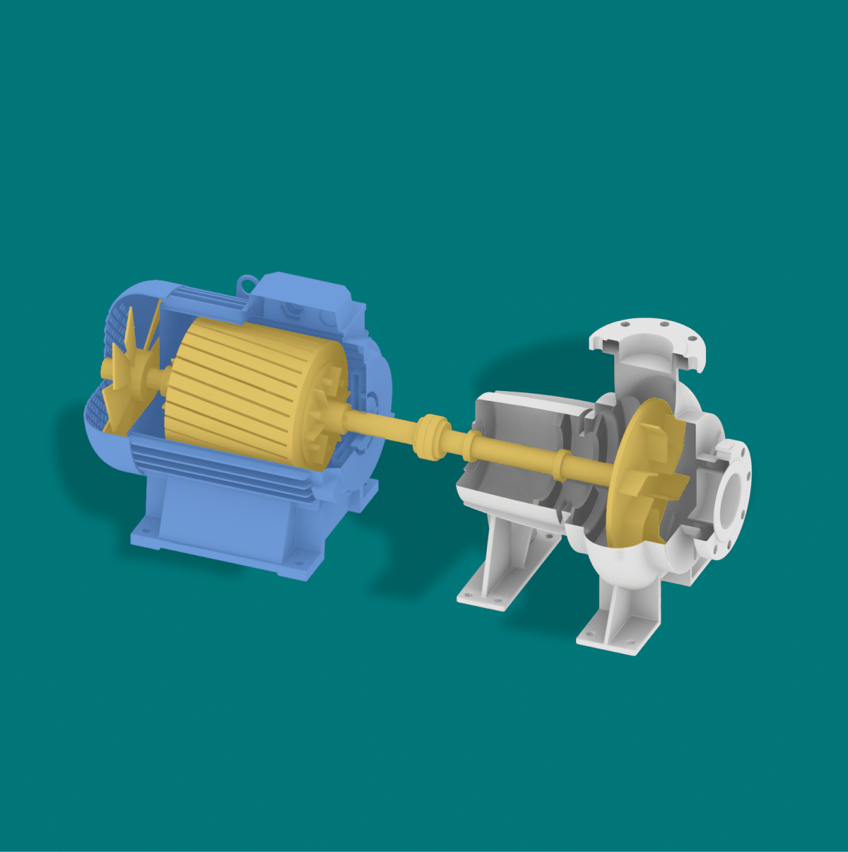 A cutaway illustration showcases the internal components of an electric motor and a centrifugal pump, highlighting the rotor, stator, and impeller, set against a teal background—an essential visualization for understanding industrial rotating equipment.