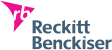 Logo of Reckitt Benckiser featuring a pink triangular shape with "rb" inside and the company's full name written in blue text to the right, representing their commitment to customers.