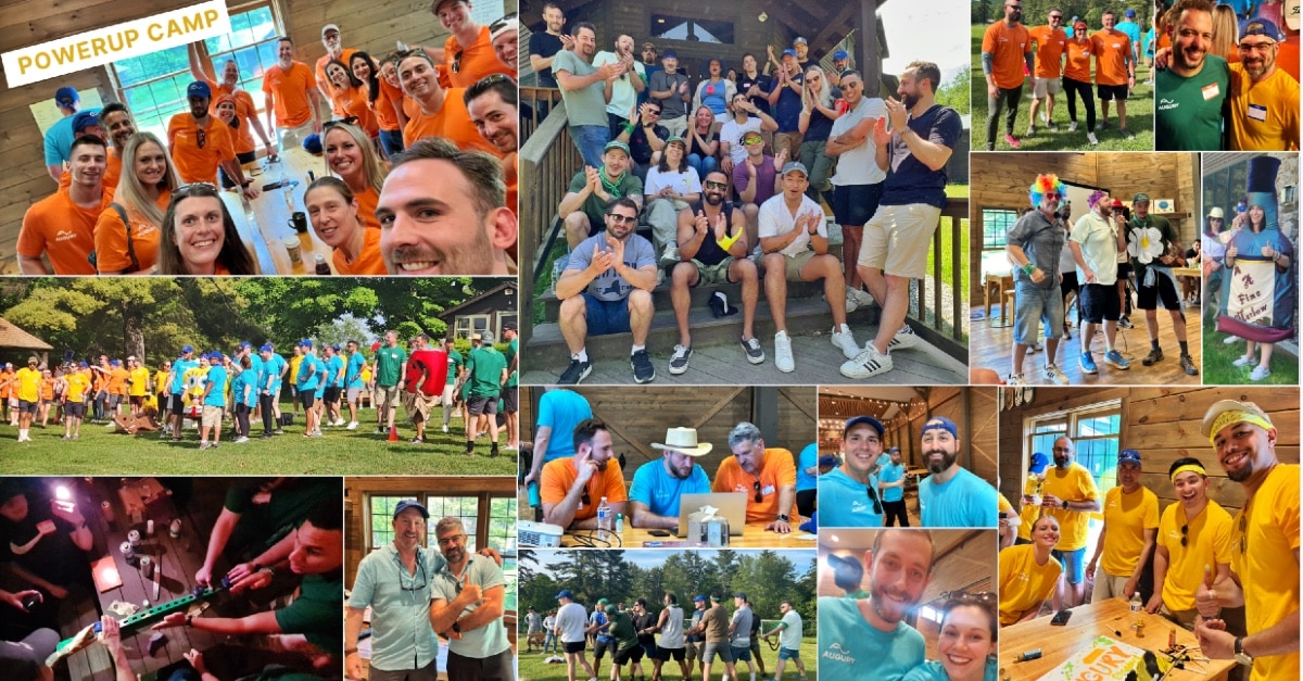 Collage of group activities at a camp, showing people in team-colored shirts participating in various games, posing for group photos, and engaging in outdoor fun. Banner reads "PowerUp Camp." It's not the office, but a perfect setting for returning to each other and creating lifelong memories.