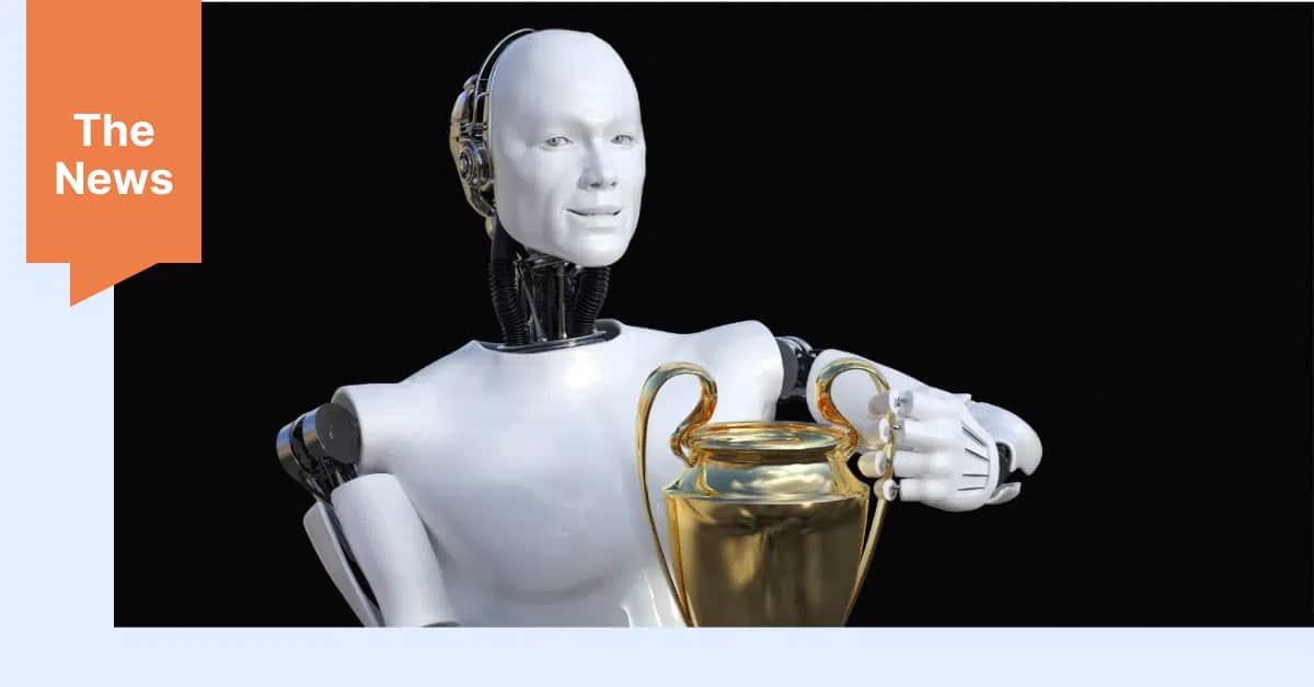 AI robot looking coy as it accepts a trophy as person of the year