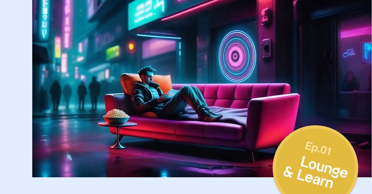 AI generated image of a man on a couch surrounded by imagery that suggests Blade Runner