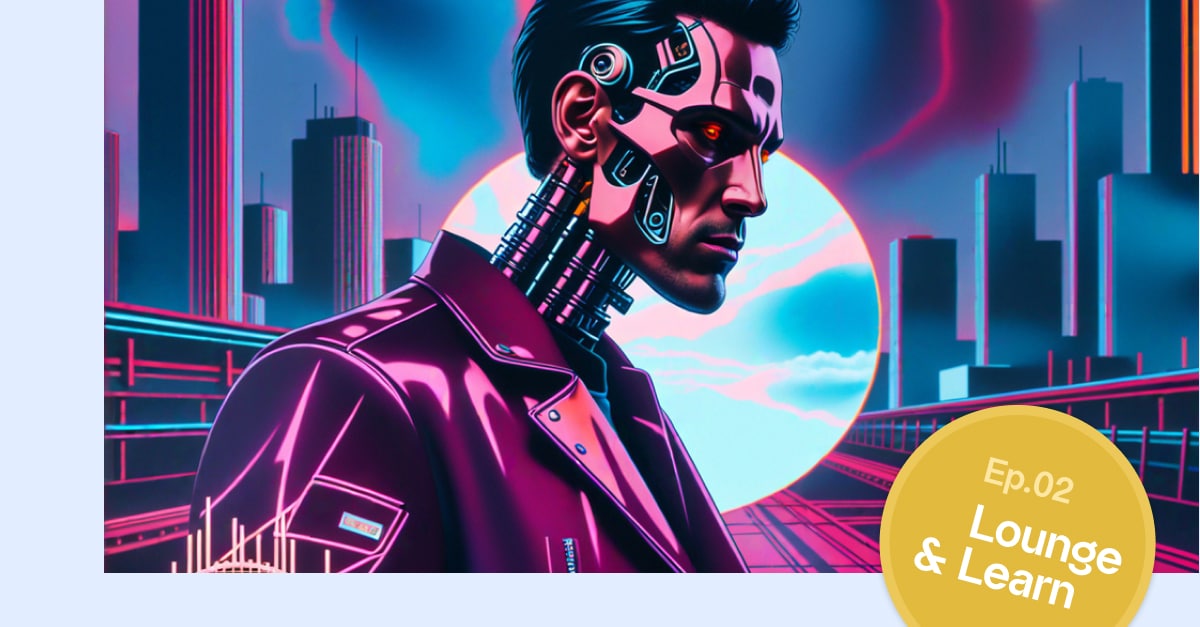 Illustration of an Arnie-lookalike playing Terminator in a futuristic setting.