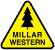 Yellow triangular sign with a black tree silhouette and the text "MILLAR WESTERN" in bold black letters below the tree, ensuring customers instantly recognize the brand.