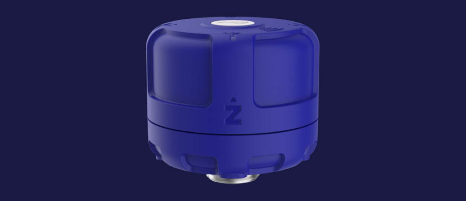 A blue, cylindrical industrial device with a circular top, designed for Machine Health Monitoring, displayed against a dark blue background.