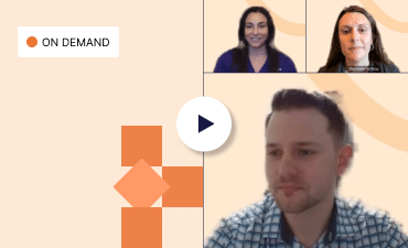 A video call screen featuring three individuals showcases a new way of working. Two participants are visible at the top in small panels, while one is centered below. The background features beige tones with geometric orange patterns, and a "play" icon is displayed in the center.