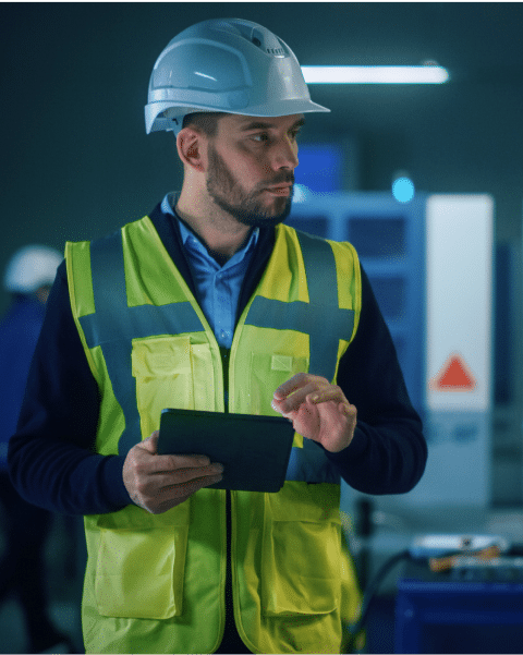 A man in a hard hat and high-visibility vest uses a tablet to check pricing details in an industrial setting.